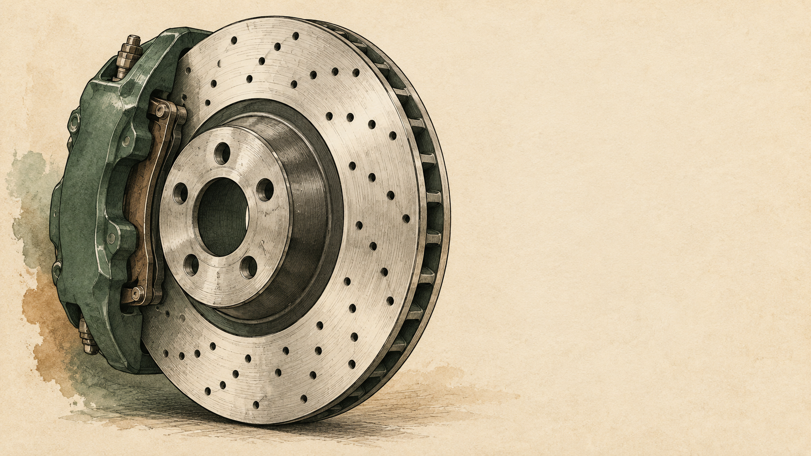 Illustration of a brake disc and caliper in fine linework