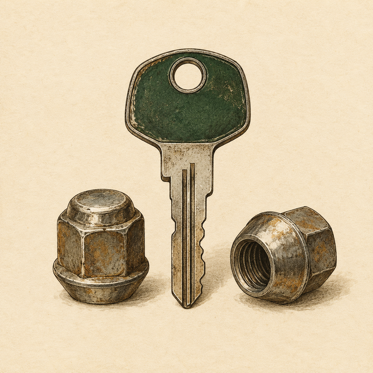 Illustration of a vintage ignition key beside lug nuts